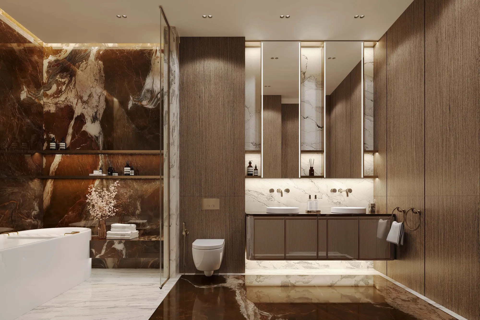 Bathroom with freestanding tub, double vanity and dark marble wall