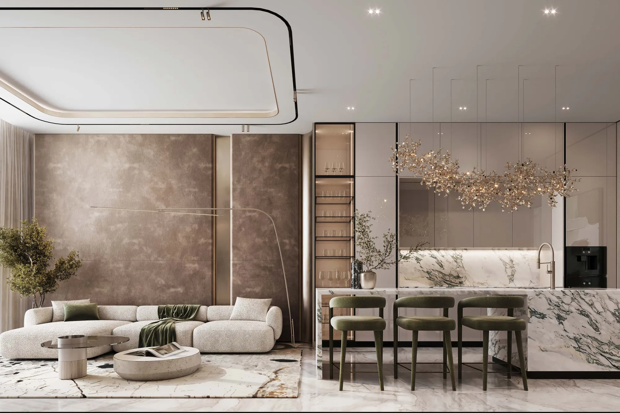 Open-plan lounge with marble kitchen island and sea view