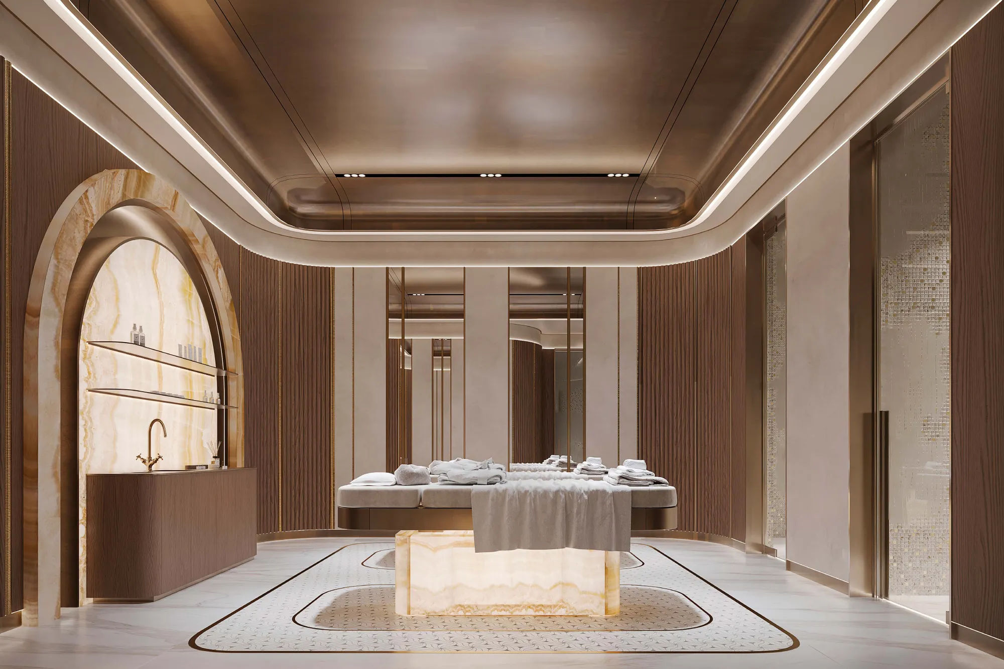 Residents' massage room with onyx wall and curved ceiling