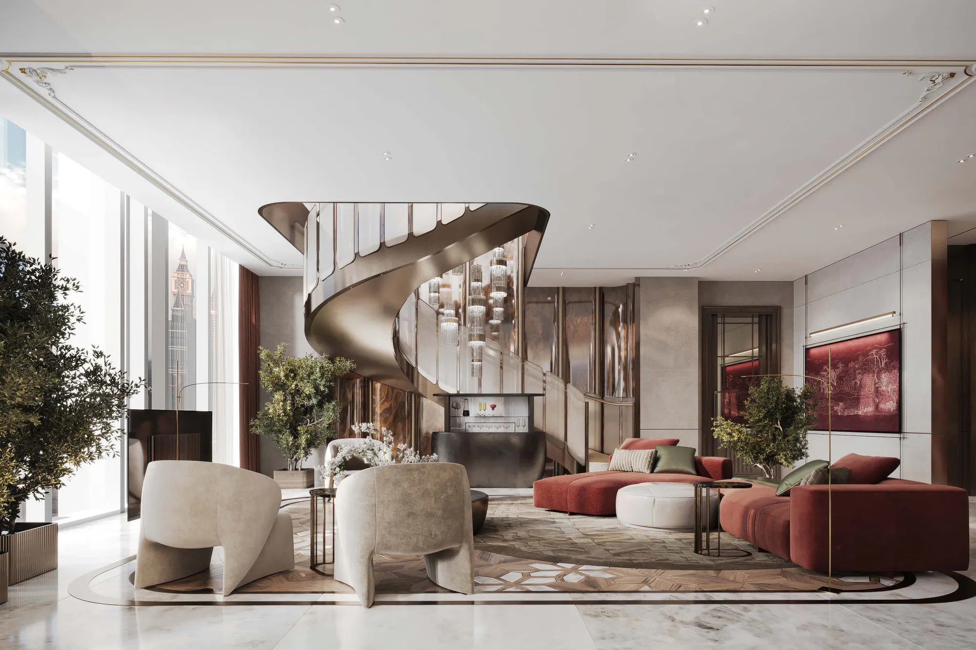 Three-bedroom penthouse lounge with a sculpted spiral staircase